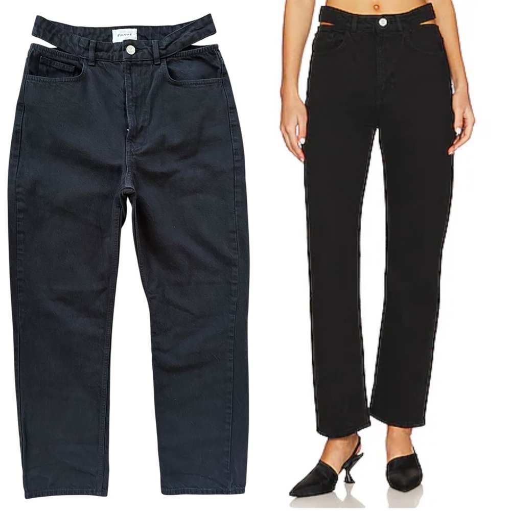 FRAME Le High N Tight Straight Cut Out in Film Noir Black Cotton Jeans Size 28